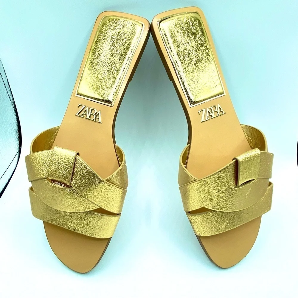 Zara Metallic Gold Cross Strap Women's Sandals Size EU 39 US8 - Picture 10 of 13